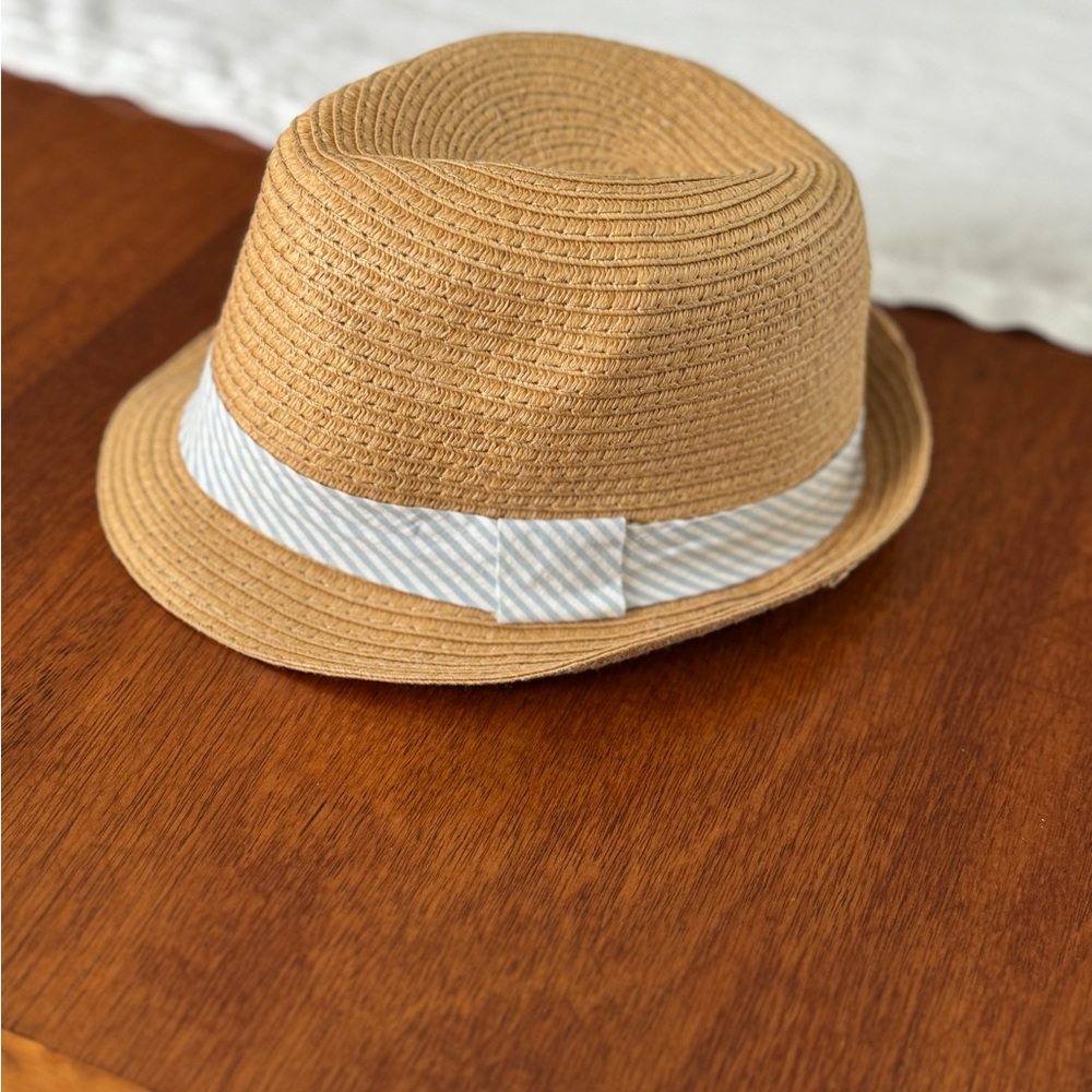 Kids Tan Straw Fedora Hat Blue Seersucker Trim